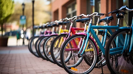 Foto op Aluminium Colorful bicycles standing in the line at the park, selective focus. © © Raymond Orton