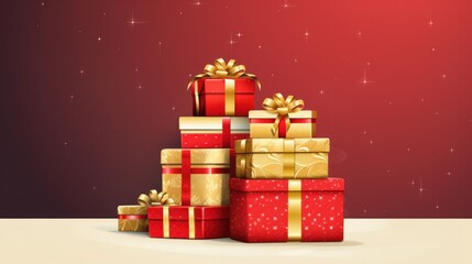 Stack of Christmas gift boxes. Holiday celebration concept. On beautiful defocused bokeh background with copyspace for your text. Red and gold colored.