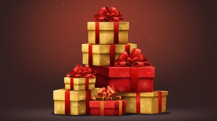 Obraz premium Stack of Christmas gift boxes. Holiday celebration concept. On beautiful defocused bokeh background with copyspace for your text. Red and gold colored.