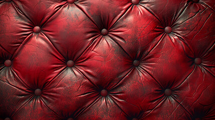 Close up background texture of scarlet red capitone genuine leather, retro Chesterfield style soft tufted furniture upholstery with deep diamond pattern and buttons