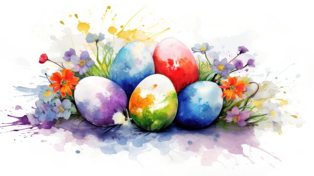 Watercolor painted Easter eggs in grass with flowers. Happy Easter concept illustration.