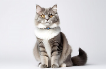 Obraz premium gray fluffy cat sits full length on a white background