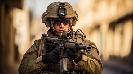 Portrait of army soldier in combat uniforms with assault rifle, plate carrier and combat helmet holding machine gun.