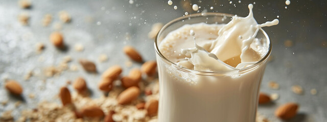 Close-up of almond milk splashing from a glass - obrazy, fototapety, plakaty