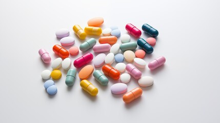 Multiple colorful pills and tablets on a white background