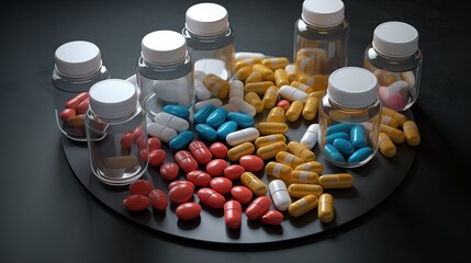 Various pills, some in medicine bottles on a pill tray