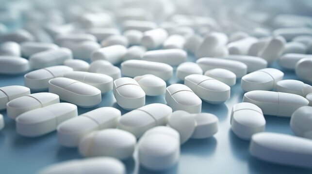 Close-up of multiple white pills and tablets on a white background