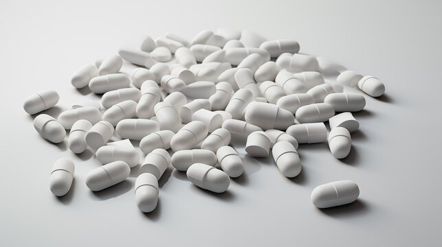 Multiple white pills on a white background