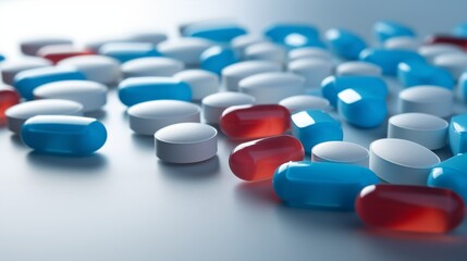 Blue, white and red pills and tablets on a silver background