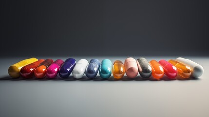 Capsules in multiple different colors neatly ordered on a silver background
