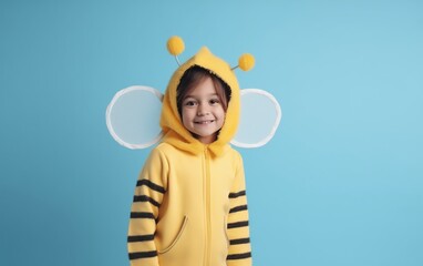 a child in a bee costume, standing at full height, smiling, on a light blue background, space for text 