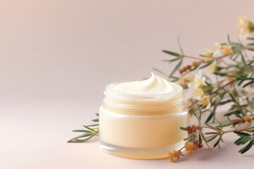 A clean and organic cosmetic presentation with an open jar, herbal flowers, and copy space