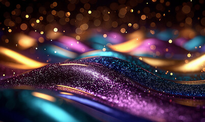 Glitter Colorful Golden Wave Stripes Design. Shiny moving lines design element with bokeh effect background