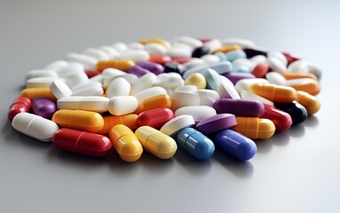 Multiple different pills and tablets in various colors on a silver background