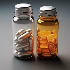 Silver and orange capsules in transparent medical containers on a clean silver background