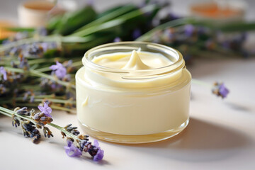 Obraz na płótnie Canvas A jar of cosmetics on a white background complemented with lavender flowers, a beauty and skincare concept