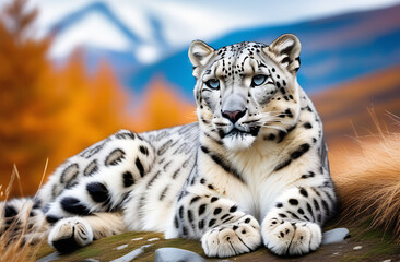 Fototapeta premium snow leopard lies close-up against the background of autumn nature, mountains, yellow leaves