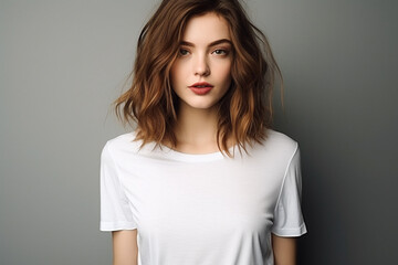 Obraz premium Woman in White Tshirt Mockup created with Generative AI