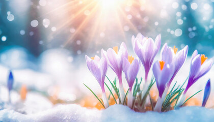 Crocus flowers on a snowy field with rays of sunlight