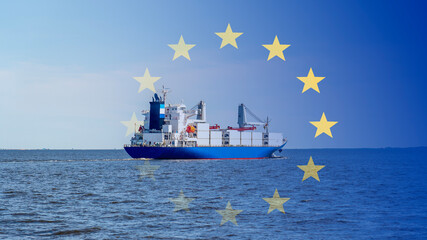 Transport cargo ship on the background of the flag of the European Union, Concept of cargo...