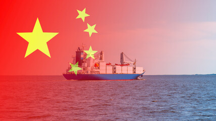 Cargo ship container ship on China flag. China transport ship, concept of importing cargo from China by sea - obrazy, fototapety, plakaty