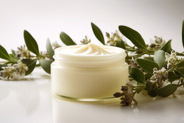Obraz na płótnie Canvas An aesthetic mockup of a cosmetic jar surrounded by herbal flowers on a white background, symbolizing beauty, skincare, and the natural aspect of cosmetic products