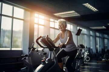 Beautiful elderly woman doing sports in the gym. Elderly woman on an exercise bike in the gym