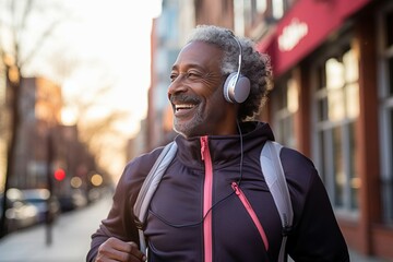 Fototapeta premium An elderly dark-skinned African man in sportswear is doing sports jogging in the city park, sport and activity at any age, healthy lifestyle