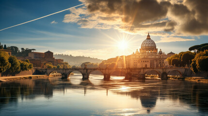 Obraz premium Autumnal beauty unfolds as a bridge spans across the scene, under a serene blue sky with billowing white clouds, complementing the charm of an old European city