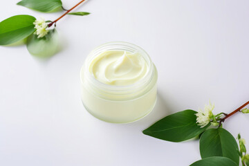 Fototapeta na wymiar Herbal adorned facial cream in a jar mockup, promoting beauty in natural skincare