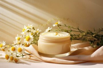 Jar of moisturizing face cream with chamomile extract