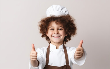 curly-haired child in a chef's costume, smiling, on a light background, space for text 
