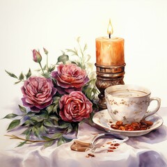 Fototapeta na wymiar Candlelit dinner in watercolor style. AI generate illustration
