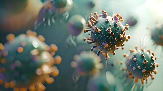 Microscopic view of floating influenza virus cells