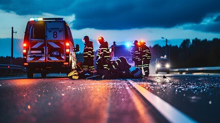Paramedics helping in an accident happened in night - obrazy, fototapety, plakaty