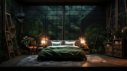 A serene bedroom setting with a large window revealing a lush forest view, complemented by green bedding and abundant indoor plants.