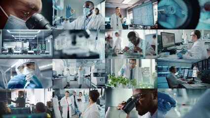 Split Screen Montage of High-Tech Research Laboratories where Scientists Making Breakthrough Discoveries. Production, Manufactury, Medicine, Bio Technology in Lab. Concept of Scientific Progress - Powered by Adobe