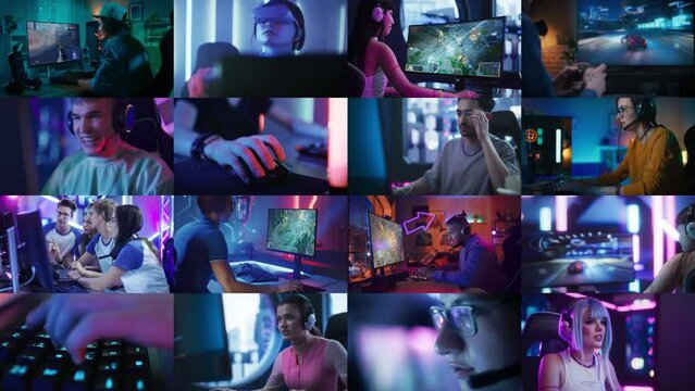 Split Screen Collage of Cyber Sport and Video Gaming. Gamers and Professional Players Having Fun Playing Different Videogames, on esport Tournaments, Online, From Home or at Championship Events