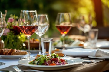 Fototapeta premium Outdoor Summer Dining Experience with Rosé Wine and Fresh Salad