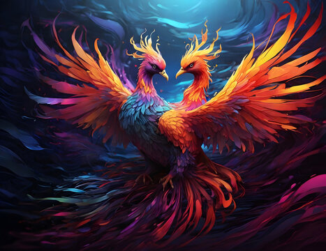Abstract colourful lovely phoenix birds wave art image