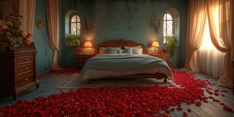 Rose Petal Trail Leading to a Bed in a Twilight Bedroom - Sensual and Dreamy Atmosphere - Subtle Moonlight Through Sheer Curtains - Emphasizing Elegance with Soft Shadows and Muted Tones 