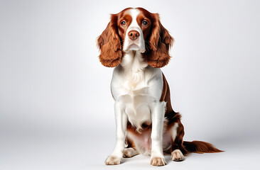 red spaniel dog sitting full length close-up front view looking at the camera on a gray background