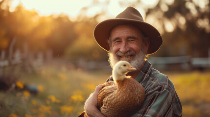 the farmer holds a duck in his hands, on the background of the farm