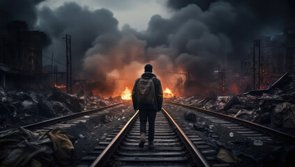 Alone in a Steel City: A Serene Journey through the Foggy Railroad - obrazy, fototapety, plakaty