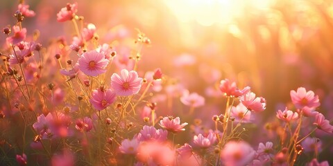 Soft Pink Wildflowers Basking in Golden Light - Nature's Serenade - Sunlit Meadow with a Gentle Breeze - Infusing Warmth with Soft Sunbeams and Subtle Highlights