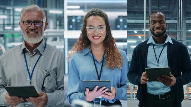 Split Multi Screen Collage at Factory: Specialist, Technician, Engineer, Use Digital Tablet Computers and Smile. Professionals Working on Optimizing Production and Manufacturing, Quality Control