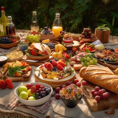 A table full of bread  fruit and wine