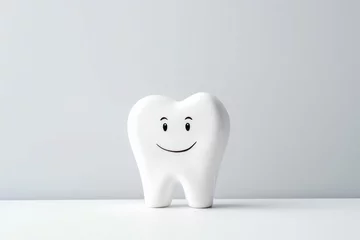 Fotobehang Happy smiling healthy tooth toy character with smile on gray background with copy space © stopabox
