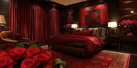 Luxurious Comfort with a Bouquet of Red Roses - Opulent Retreat - Plush Surroundings with Rich Textures - Conveying Opulence with Warm Ambient Lighting and Bold Rose Accents
