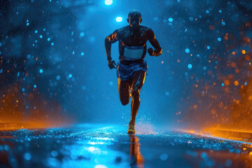 Fototapeta na wymiar An African-American running athlete runs alone in the rain at night. An active lifestyle